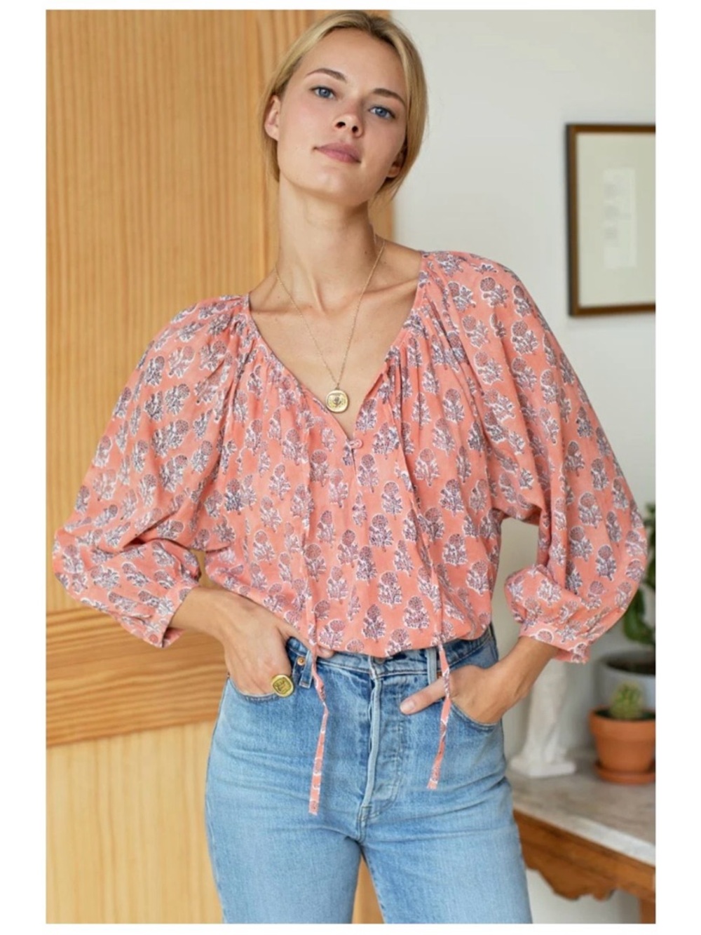 Emerson Fry 💯 organic cotton marigolds floral Peasant Blouse